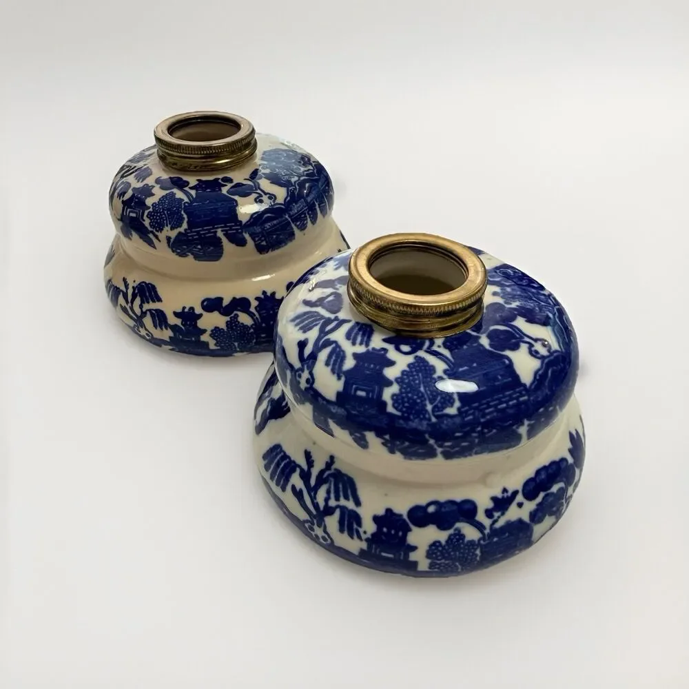 Vintage Victorian Japanese Blue Willow Decorative Oil Lamp Pair Set